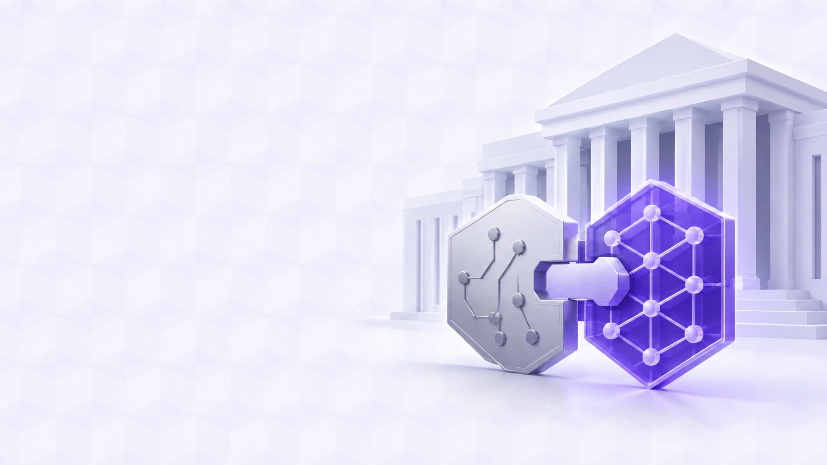 Government building icon with interlocking classical and post-quantum cryptographic keys